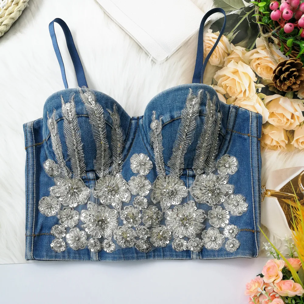 Cupnaya Glitter Sequin Peacock Tails Embroidery Women Blue Denim Crop Top Sexy Push Up Bustier Corset Bralette Inner Camisole
Cupnaya Glitter Sequin Peacock Tails Embroidery Women Blue Denim Crop Top Sexy Push Up Bustier Corset Bralette Inner Camisole