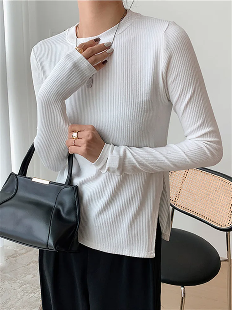 Spring Autumn Knit Women's T-Shirts 2022 New Long Sleeve O-Neck Bottoming Minimalist Shirts Basic Side Split Chic Tops Female
Spring Autumn Knit Women's T-Shirts 2022 New Long Sleeve O-Neck Bottoming Minimalist Shirts Basic Side Split Chic Tops Female