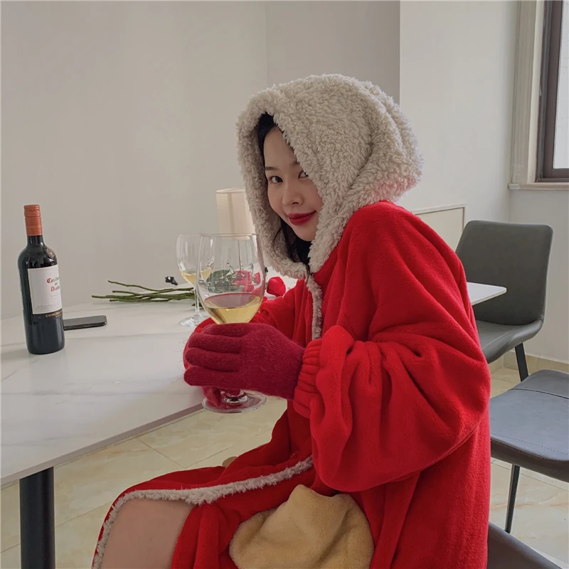 LMQ New Year Sleepwear Cute Women Winter Long Hooded Coral Fleece Pajamas Plus Velvet Thick Warm One-Piece Bathrobe Homewear
LMQ New Year Sleepwear Cute Women Winter Long Hooded Coral Fleece Pajamas Plus Velvet Thick Warm One-Piece Bathrobe Homewear