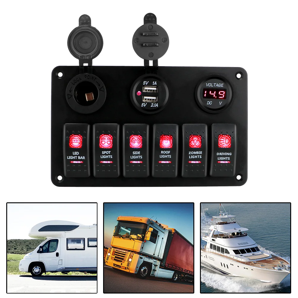 6 Gang Rocker Switch Panel Dual USB Ports Car Marine Circuit Breaker ON/OFF Lights LED Digital Voltmeter DC 12V/24V
6 Gang Rocker Switch Panel Dual USB Ports Car Marine Circuit Breaker ON/OFF Lights LED Digital Voltmeter DC 12V/24V
