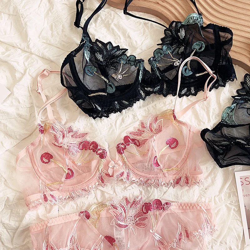 Sexy cherry embroidered lace transparent lingerie steel ring ultra-thin underwear mesh gauze bra briefs set
Sexy cherry embroidered lace transparent lingerie steel ring ultra-thin underwear mesh gauze bra briefs set