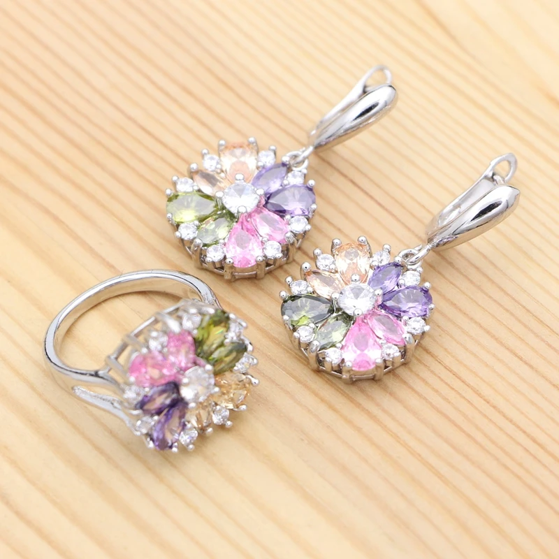 Multicolor Cubic Zirconia Flower 925 Silver Bridal Jewelry Set For Women Wedding Accessories Earrings Ring Set
Multicolor Cubic Zirconia Flower 925 Silver Bridal Jewelry Set For Women Wedding Accessories Earrings Ring Set