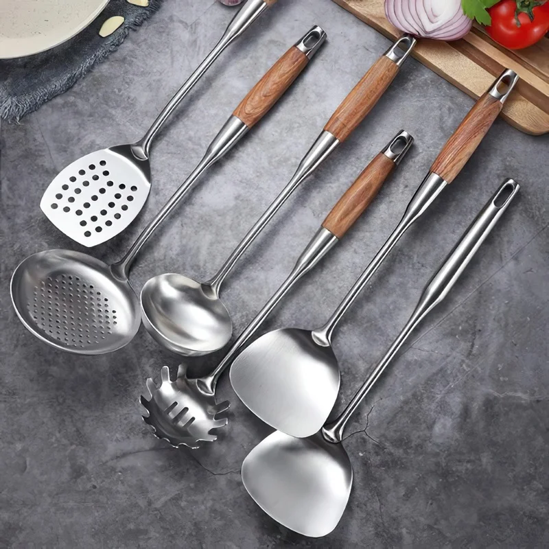 304 Stainless Steel Cooking Tools Large Frying Spatula Soup Spoon Colander Insulation Anti-scalding Handle Wood Hang Shelf
304 Stainless Steel Cooking Tools Large Frying Spatula Soup Spoon Colander Insulation Anti-scalding Handle Wood Hang Shelf