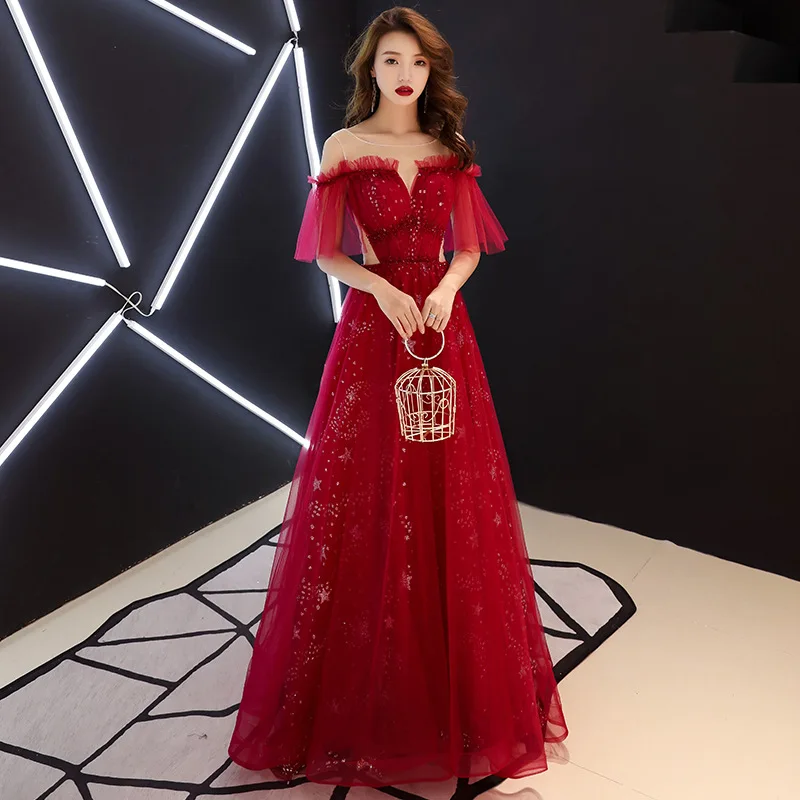 Wine Red Evening Dress for Off the Shoulder Sequined Toast Elegant Birthday Party Prom Dress Bride Wedding Dress Looks Thin A088
Wine Red Evening Dress for Off the Shoulder Sequined Toast Elegant Birthday Party Prom Dress Bride Wedding Dress Looks Thin A088