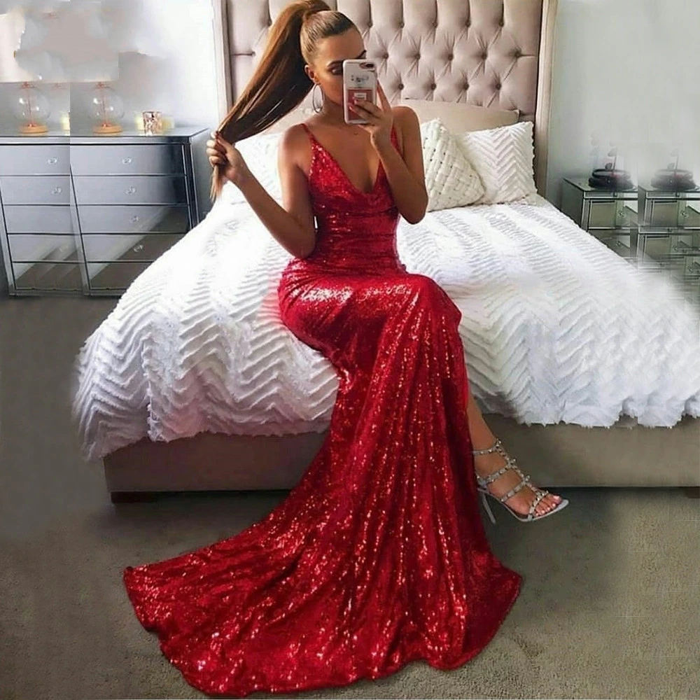 Red Sequin Evening Dress 2024 Sexy V Neck High Slit Long Fish Tail Formal Prom Party Gowns vestido longo festa
Red Sequin Evening Dress 2024 Sexy V Neck High Slit Long Fish Tail Formal Prom Party Gowns vestido longo festa
