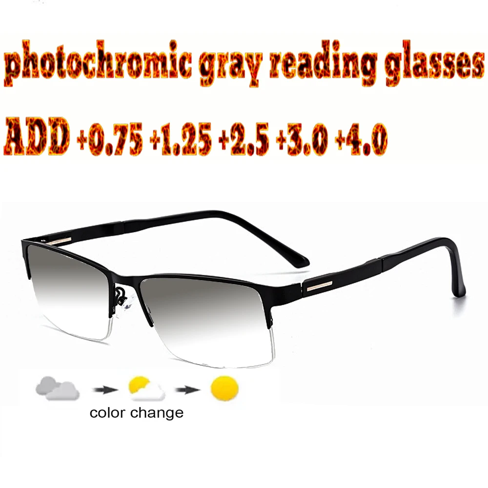 Business Men's Halfrim Photochromic Gray Reading Glasses Comfortable Alloy High Quality +1.0 +1.5 +1.75 +2.0 +2.5 +3 +3.5 +4
Business Men's Halfrim Photochromic Gray Reading Glasses Comfortable Alloy High Quality +1.0 +1.5 +1.75 +2.0 +2.5 +3 +3.5 +4