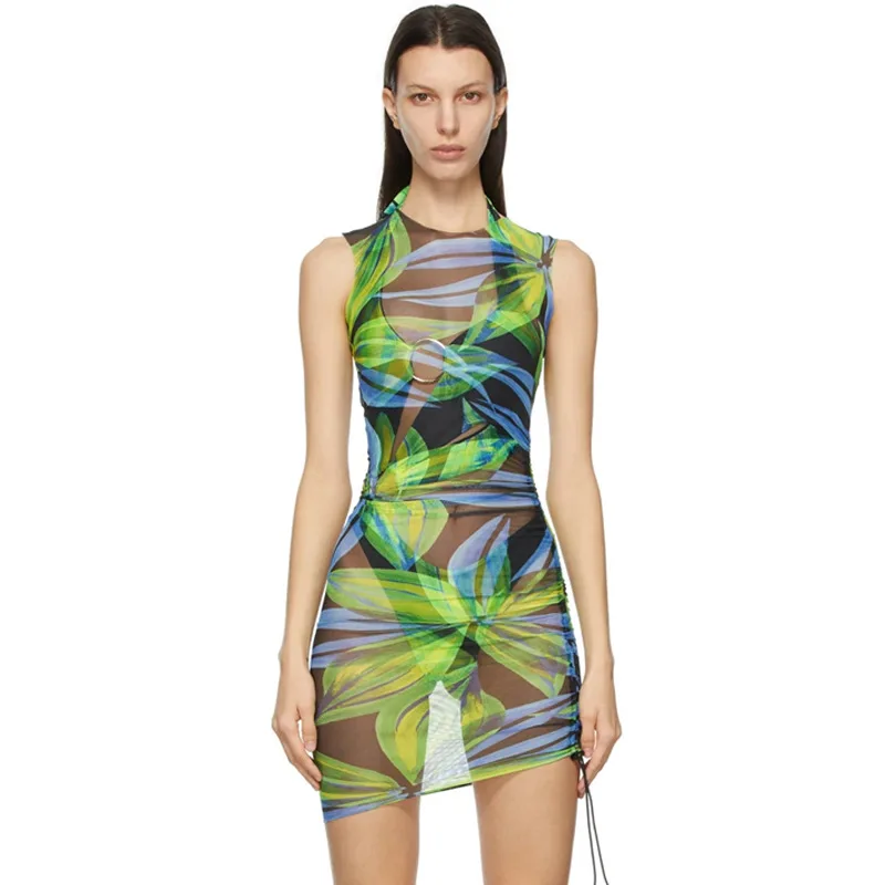Ladies Summer Dress Fashion Round Neck Net Yarn Perspective Short Skirt Printed Drawstring Short Sleeveless Dress
Ladies Summer Dress Fashion Round Neck Net Yarn Perspective Short Skirt Printed Drawstring Short Sleeveless Dress