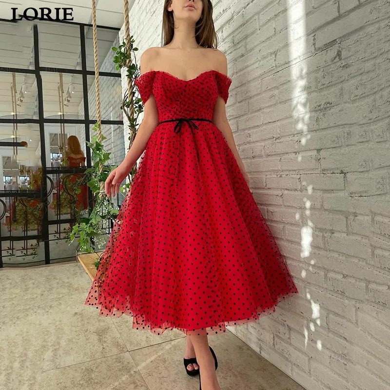 LORIE Red Off the Shoulder Dot Tulle Short Wedding Dress A Line Sweetheart Elegant Bow Belt Tea Length Bride Gown Party Dresses
LORIE Red Off the Shoulder Dot Tulle Short Wedding Dress A Line Sweetheart Elegant Bow Belt Tea Length Bride Gown Party Dresses