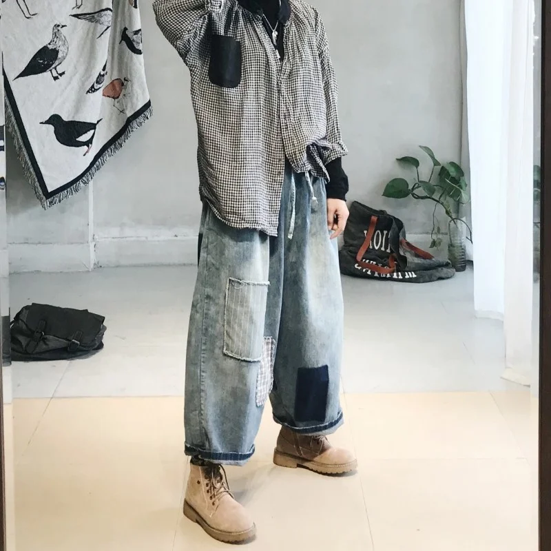 Patch Vintage Wide Leg Jeans Woman Autumn Winter New Loose Casual Ankle-Length Pants Streetwear Elastic Waist Denim Pants Women
Patch Vintage Wide Leg Jeans Woman Autumn Winter New Loose Casual Ankle-Length Pants Streetwear Elastic Waist Denim Pants Women