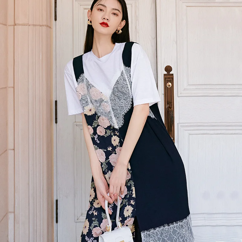 Summer Women Korean Casual Loose Floral Print Lace Patchwork Midi Sweet Asymmetric Fake Two Piece Set Long Dress
Summer Women Korean Casual Loose Floral Print Lace Patchwork Midi Sweet Asymmetric Fake Two Piece Set Long Dress