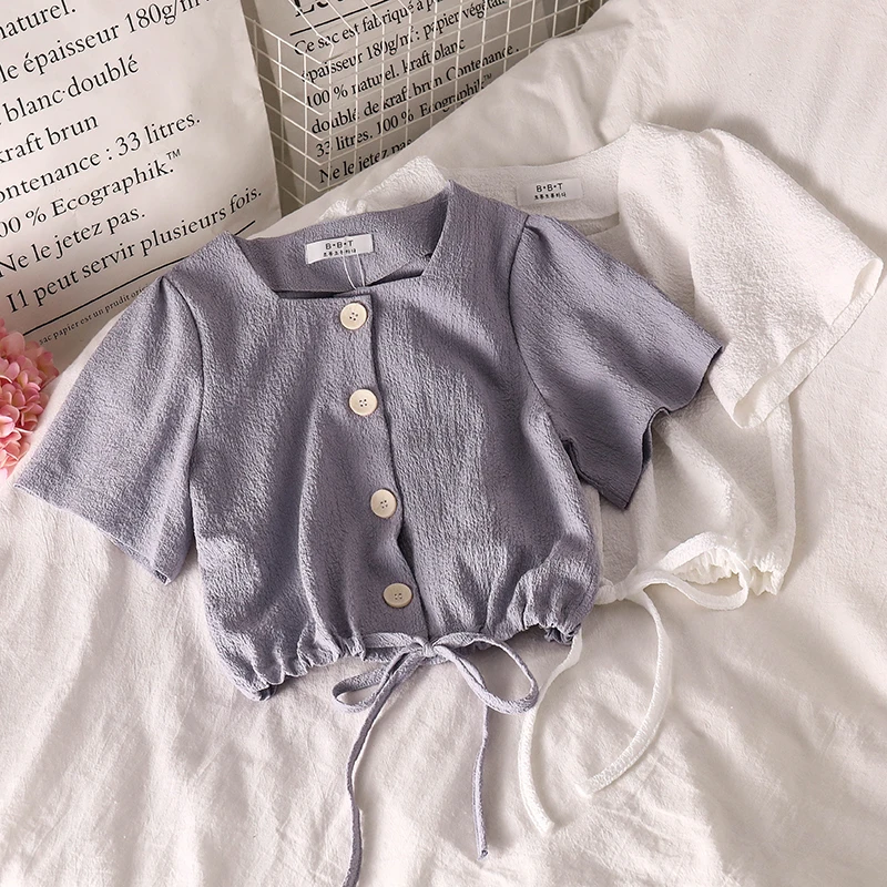 Woman Button Cardigan Shirt Blouse 2021 Summer Retro Square Neck Chiffon Shirt Purple Drawstring Short Sleeve Lace Up Crop Top
Woman Button Cardigan Shirt Blouse 2021 Summer Retro Square Neck Chiffon Shirt Purple Drawstring Short Sleeve Lace Up Crop Top
