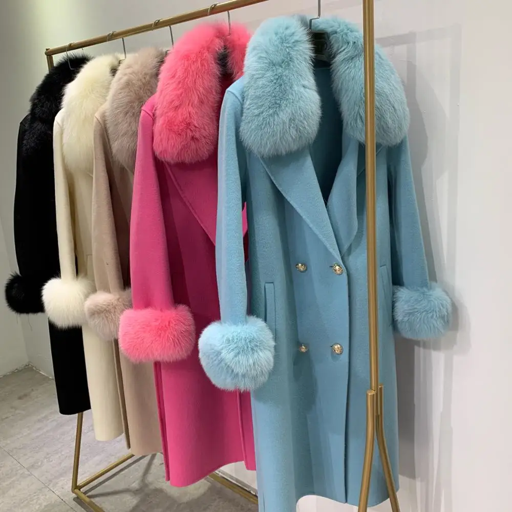 2020 Winter Thick Jacket Slim Belt Ladies Streetwear Natural Fox Fur Collar Wool double-faced coat Warm Cashmere outerwear
2020 Winter Thick Jacket Slim Belt Ladies Streetwear Natural Fox Fur Collar Wool double-faced coat Warm Cashmere outerwear
