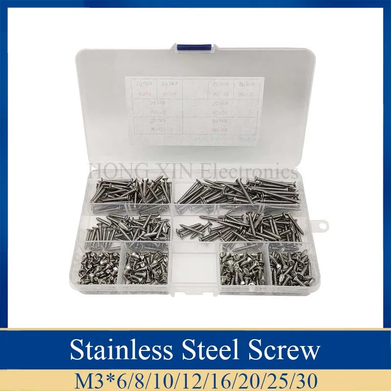 400pcs Flat Head tapping screws 304Stainless Steel Cross Self Tapping Screws Assortment Kit M3*6/8/10/12/16/20/25/30
400pcs Flat Head tapping screws 304Stainless Steel Cross Self Tapping Screws Assortment Kit M3*6/8/10/12/16/20/25/30