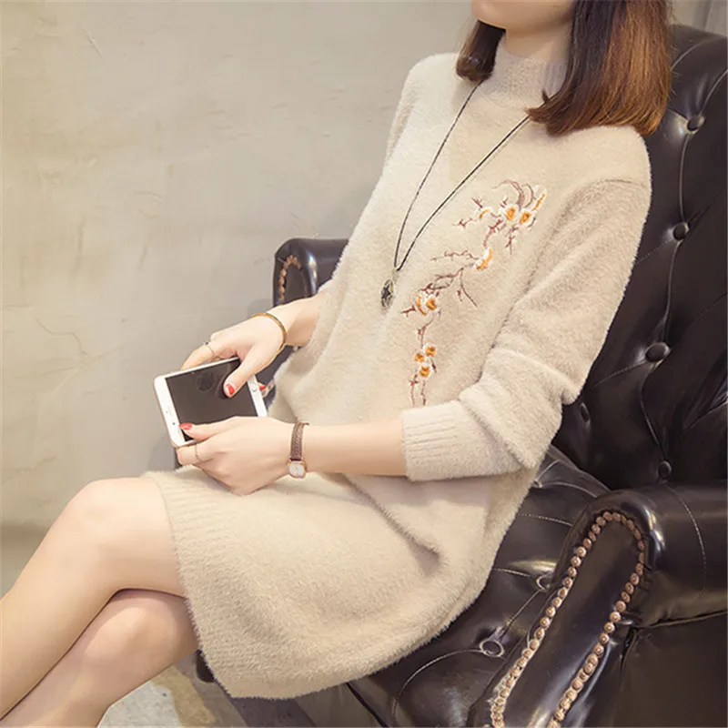 Mid Long Faux Mink Cashmere Sweater Dress Women Pullover Autumn Winter Thick Warm Loose Embroidery Half High Collar Tops Female
Mid Long Faux Mink Cashmere Sweater Dress Women Pullover Autumn Winter Thick Warm Loose Embroidery Half High Collar Tops Female