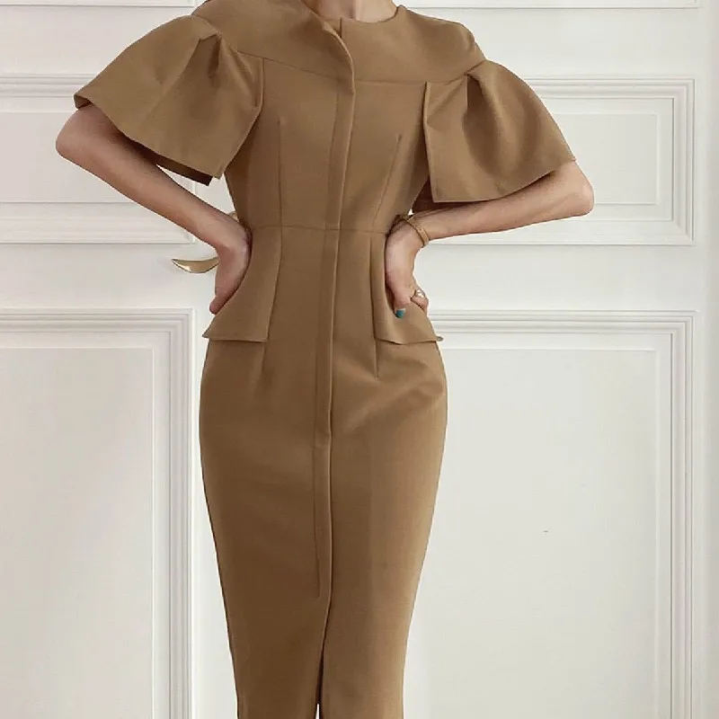 Women's Minimalist Medium Pencil Dress Solid O-Neck Short Flying Sleeves High Waist Wrapping Women Dresses Spring Summer 2021
Women's Minimalist Medium Pencil Dress Solid O-Neck Short Flying Sleeves High Waist Wrapping Women Dresses Spring Summer 2021
