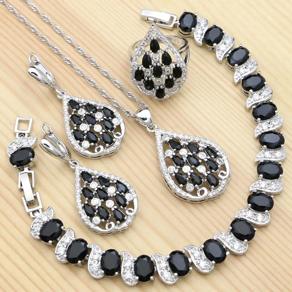 Black Cubic Zirconia White Crystal 925 Silver Jewelry Sets for Women Punk Ring Bracelet Necklace Pendant Earrings Set
Black Cubic Zirconia White Crystal 925 Silver Jewelry Sets for Women Punk Ring Bracelet Necklace Pendant Earrings Set