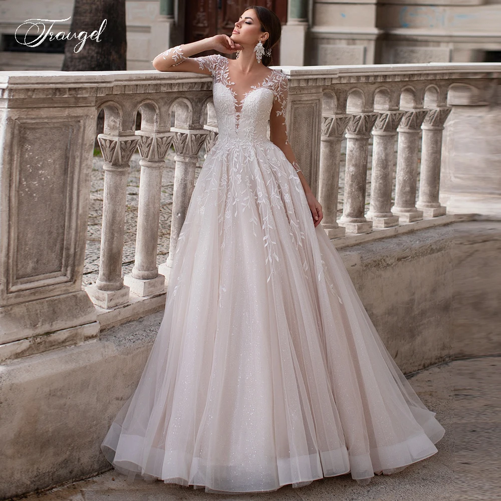 Traugel Кружевные свадебные платья трапециевидной формы с круглым вырезом Элегантное блестящее свадебное платье с длинными рукавами Свадебные платья со шлейфом для невесты 
Traugel Кружевные свадебные платья трапециевидной формы с круглым вырезом Элегантное блестящее свадебное платье с длинными рукавами Свадебные платья со шлейфом для невесты