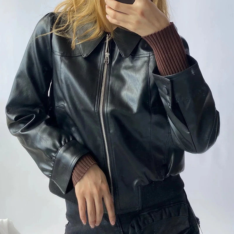 Spring Autumn New Products Loose And Comfortable British Style Leather Jacket Collar All-Match Black Coat Women
Spring Autumn New Products Loose And Comfortable British Style Leather Jacket Collar All-Match Black Coat Women