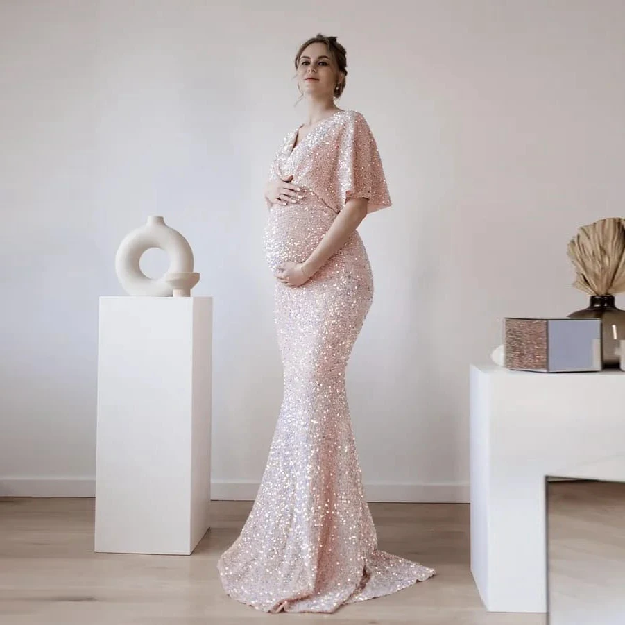 Pretty Pink Sequins Ruffles Sleeves Mermaid Long Maternity Dresses Sexy Backless Bow Band Bridal Gowns Photo Shoot Custom Made
Pretty Pink Sequins Ruffles Sleeves Mermaid Long Maternity Dresses Sexy Backless Bow Band Bridal Gowns Photo Shoot Custom Made