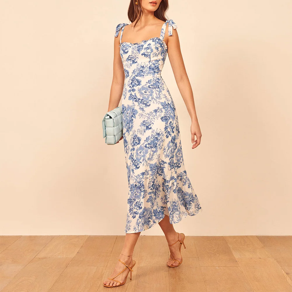 Chiffon Dress Women Summer Sleeveless Sexy Strap Tie Vintage Midi Dress Elegant Ruffle Hem Blue And White Floral Print Dress
Chiffon Dress Women Summer Sleeveless Sexy Strap Tie Vintage Midi Dress Elegant Ruffle Hem Blue And White Floral Print Dress