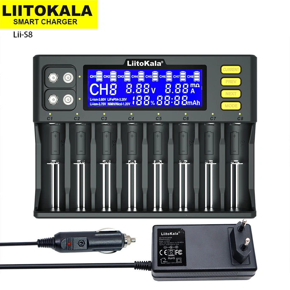 Зарядное устройство LiitoKala Lii-S8 18650, универсальное умное зарядное устройство с ЖК-дисплеем для батарей 32700, 26650, 18650, 18350, 21700, AA, AAA
Зарядное устройство LiitoKala Lii-S8 18650, универсальное умное зарядное устройство с ЖК-дисплеем для батарей 32700, 26650, 18650, 18350, 21700, AA, AAA