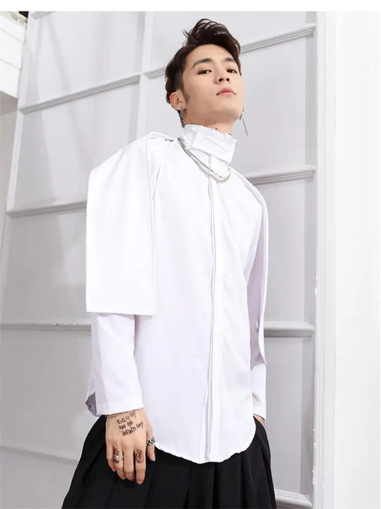Men's white slim long-sleeved shirt round hem men's shirt scarf collar stand collar personality hip-hop large shirt
Men's white slim long-sleeved shirt round hem men's shirt scarf collar stand collar personality hip-hop large shirt