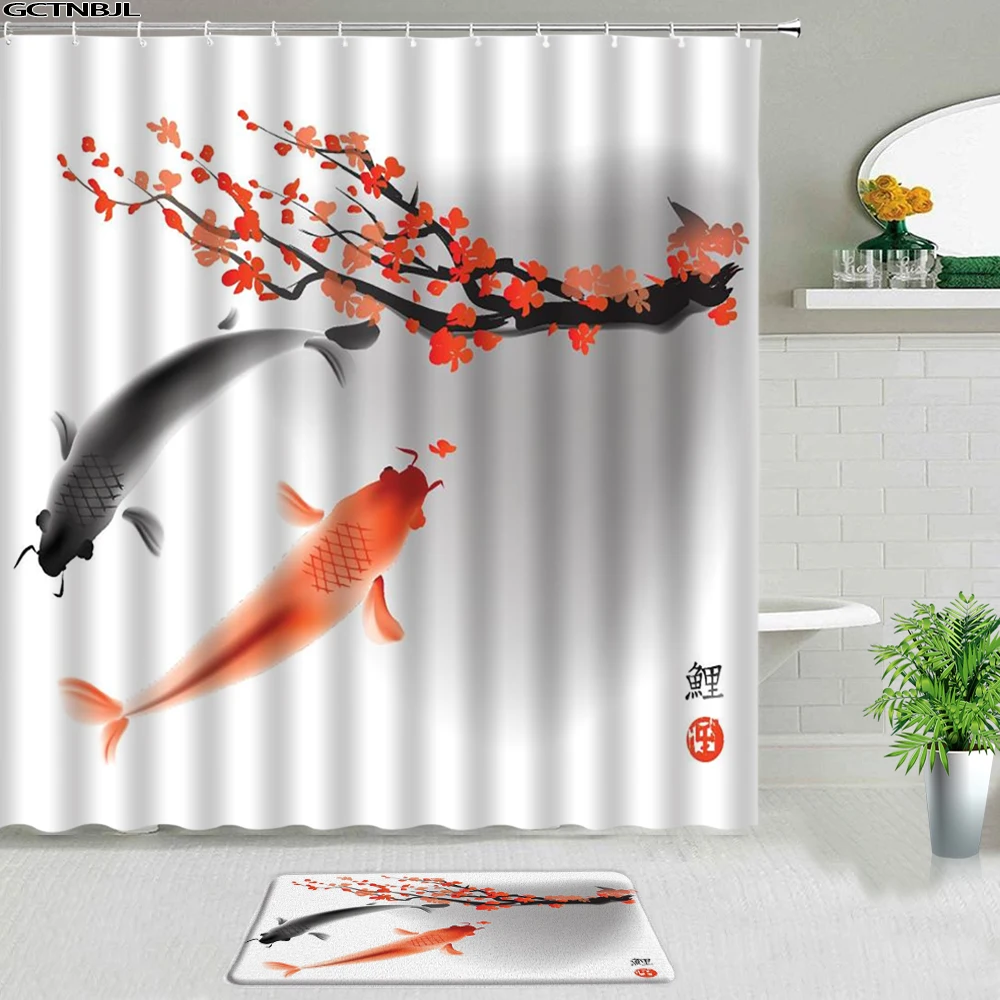 Набор штор для душа в азиатском стиле, коврики для ванной с рыбками кои, вишней, декоративный ковер из полиэстера с китайскими и японскими цветами для ванной комнаты 
Набор штор для душа в азиатском стиле, коврики для ванной с рыбками кои, вишней, декоративный ковер из полиэстера с китайскими и японскими цветами для ванной комнаты
