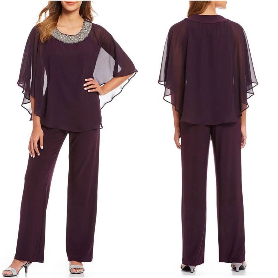 Chiffon Mother Of The Bride Pant Suits Formal Trousers Suits Prom Party Gown O-Neck Beaded Two Pieces Custom With Half Sleeve 
Chiffon Mother Of The Bride Pant Suits Formal Trousers Suits Prom Party Gown O-Neck Beaded Two Pieces Custom With Half Sleeve