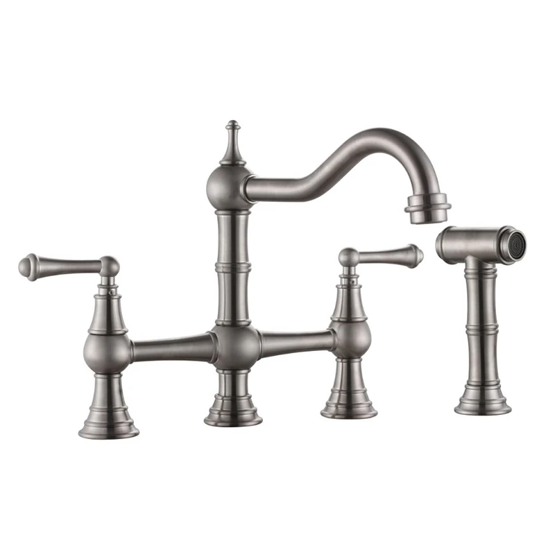 Gold European style hot and cold kitchen faucet solid brass bridge style two-handle swivel sink faucet with pull-out spray gun
Gold European style hot and cold kitchen faucet solid brass bridge style two-handle swivel sink faucet with pull-out spray gun