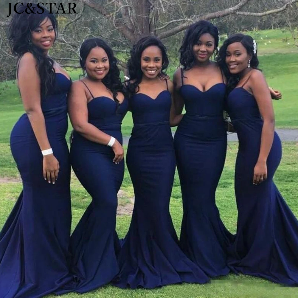 Mermaid Wedding Party Gowns Long Navy Blue Bridesmaid Dresses Spaghetti Straps Sweetheart Neck African vestidos de dama de honor
Mermaid Wedding Party Gowns Long Navy Blue Bridesmaid Dresses Spaghetti Straps Sweetheart Neck African vestidos de dama de honor