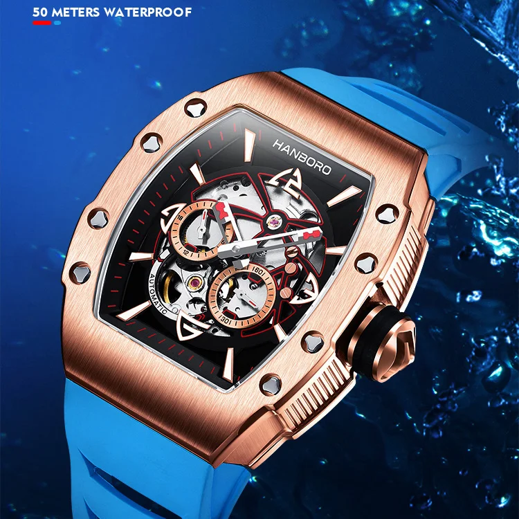 HANBORO Mens Automatic Watches Luxury Watch Fashion Mechanical Wristwatch 50M Waterproof Rubber Strap Luminous Tonneau Case 82S7
HANBORO Mens Automatic Watches Luxury Watch Fashion Mechanical Wristwatch 50M Waterproof Rubber Strap Luminous Tonneau Case 82S7