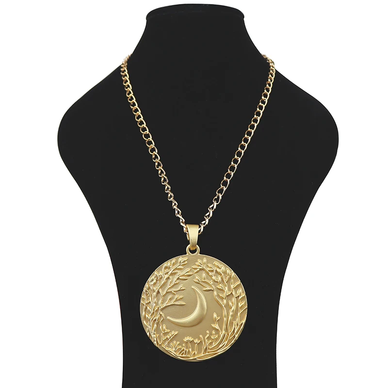 Matt Gold Color Large Round Circle Tree & Moon Pendant Metal Long Chain Necklace Lagenlook for Women Men Gift
Matt Gold Color Large Round Circle Tree & Moon Pendant Metal Long Chain Necklace Lagenlook for Women Men Gift