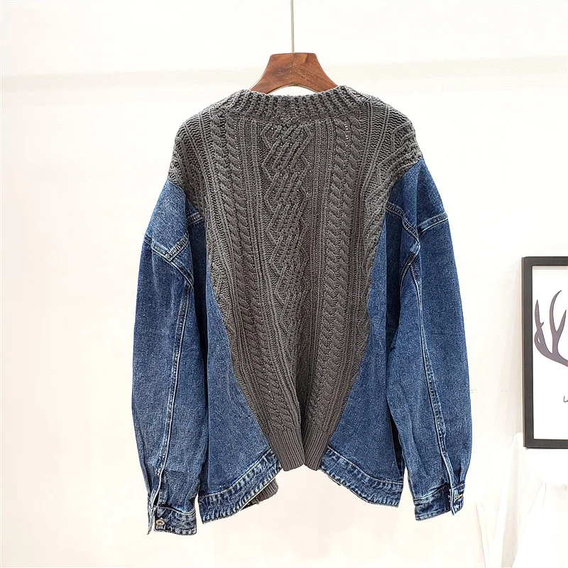 Autumn Spring Sweaters Patchwork Denim Jacket Women Fashion Loose Long Sleeve Short Knitting Cardigan Street Blue Outerwear
Autumn Spring Sweaters Patchwork Denim Jacket Women Fashion Loose Long Sleeve Short Knitting Cardigan Street Blue Outerwear