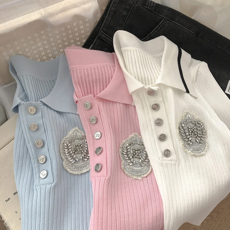 High Quality Women Fashion Summer Sweet Cute Diamond Preppy Color Matching Short Sleeved Ice Silk Knitted Polo Shirt Top
High Quality Women Fashion Summer Sweet Cute Diamond Preppy Color Matching Short Sleeved Ice Silk Knitted Polo Shirt Top