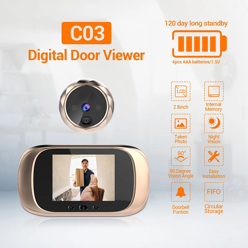 C03 2.8 Inch LCD Color Screen 90 Degree Wide Angle Electronic Peephole Door Bell Camera Night Vision Electronic Cat Eye Camera
C03 2.8 Inch LCD Color Screen 90 Degree Wide Angle Electronic Peephole Door Bell Camera Night Vision Electronic Cat Eye Camera