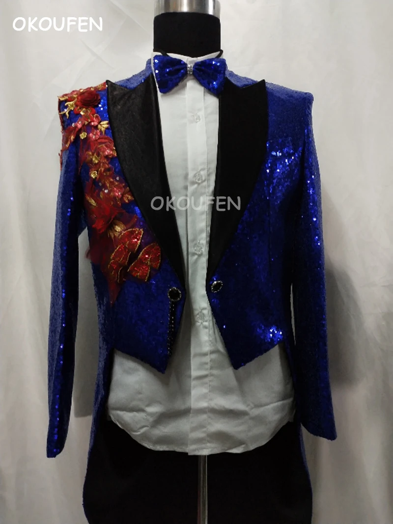 Male singer bar host stage costumes men's blue sequins banquet wedding personality flower print magic royal tuxedo suit
Male singer bar host stage costumes men's blue sequins banquet wedding personality flower print magic royal tuxedo suit