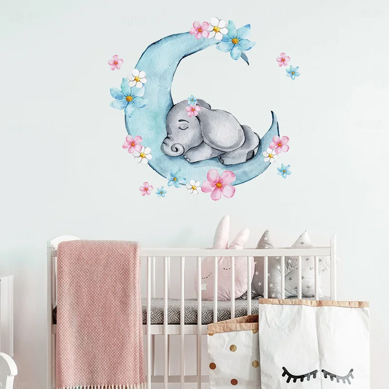 Watercolor Sleeping Baby Elephant on the Moon Wall Stickers With Flowers for Kids Room Baby Nursery Room Wall Decals Room PVC
Watercolor Sleeping Baby Elephant on the Moon Wall Stickers With Flowers for Kids Room Baby Nursery Room Wall Decals Room PVC