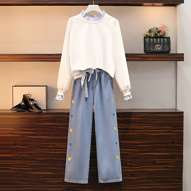Winter Women Tracksuit Plus Size Two Piece Set Fashion Sweatshirt Tops And Jeans Wide Leg Pants Large Matching Set Outfit Warm
Winter Women Tracksuit Plus Size Two Piece Set Fashion Sweatshirt Tops And Jeans Wide Leg Pants Large Matching Set Outfit Warm