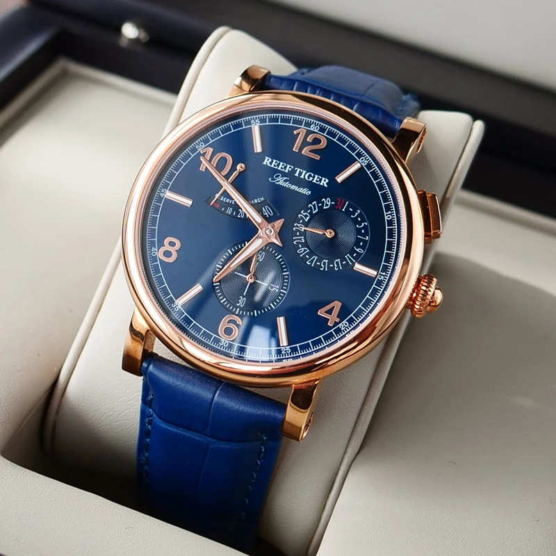 Reef Tiger/RT Luxury Rose Gold Case Genuine Leather Strap Calendar Analog Automatic Watches Sapphire Glass Waterproof Men Watch
Reef Tiger/RT Luxury Rose Gold Case Genuine Leather Strap Calendar Analog Automatic Watches Sapphire Glass Waterproof Men Watch