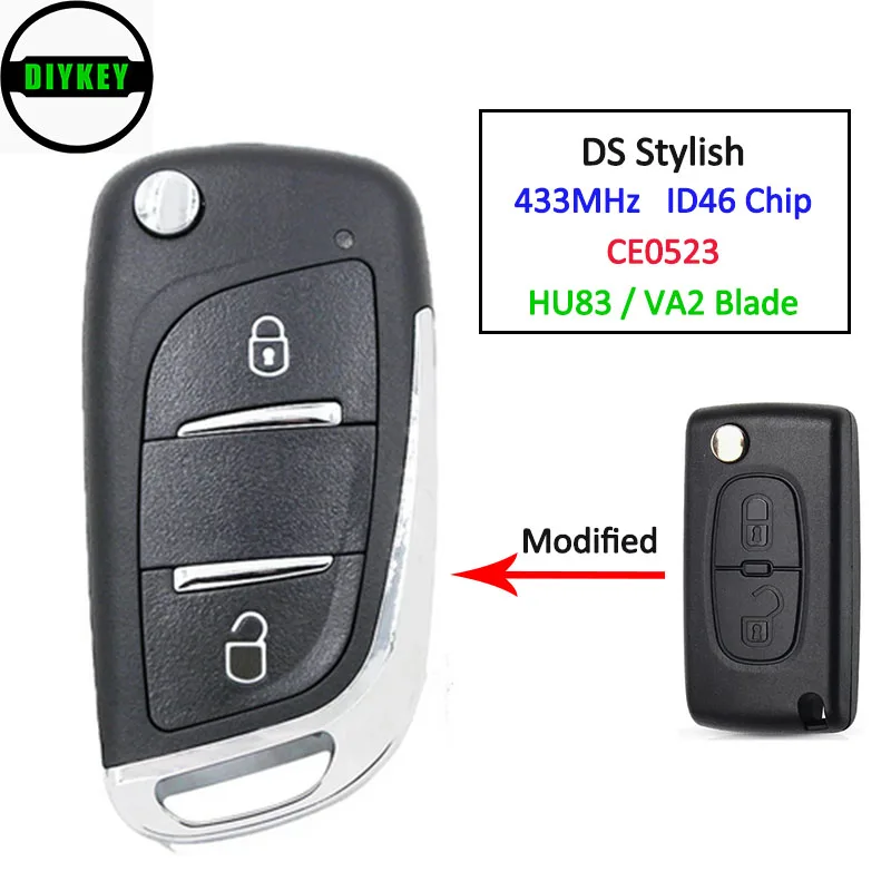 DIYKEY DS Stylish Folding Remote Key 2 Button 433MHZ ID46 Chip CE0523 for Peugeot 207 307 308 407 Citroen C4 / C5 / C6 / C8
DIYKEY DS Stylish Folding Remote Key 2 Button 433MHZ ID46 Chip CE0523 for Peugeot 207 307 308 407 Citroen C4 / C5 / C6 / C8