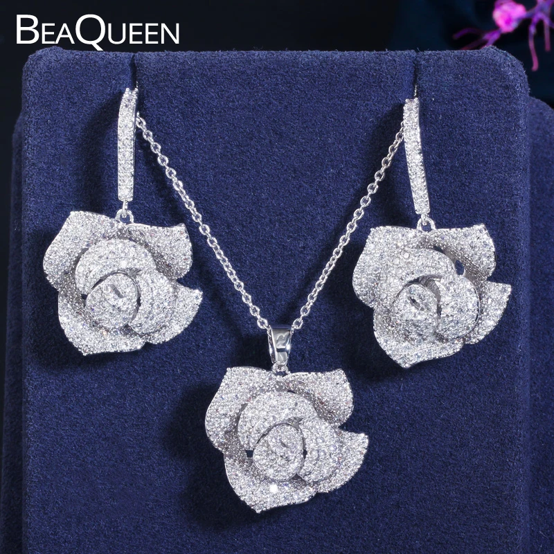 BeaQueen Beautiful Rose Flower Drop Dangle Earrings Micro Pave Cubic Zircon Women Wedding Jewelry Set for Bridesmaids JS044 
BeaQueen Beautiful Rose Flower Drop Dangle Earrings Micro Pave Cubic Zircon Women Wedding Jewelry Set for Bridesmaids JS044