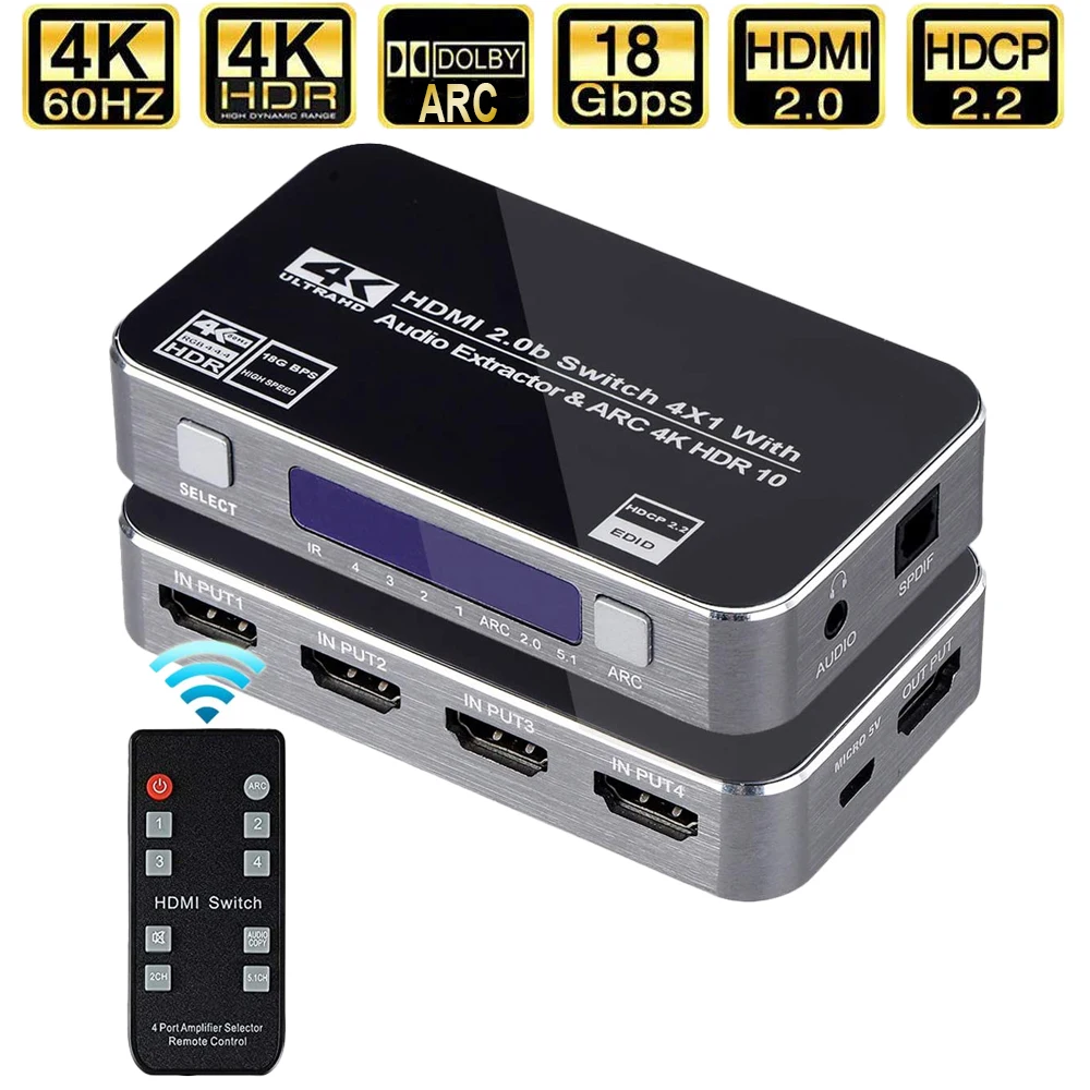4K HDMI Switcher HDMI 2.0 Switch HDMI audio extractor HDR ARC splitter 4X1 with remote(HDMI in to HDMI+toslink+stereo audio out)
4K HDMI Switcher HDMI 2.0 Switch HDMI audio extractor HDR ARC splitter 4X1 with remote(HDMI in to HDMI+toslink+stereo audio out)