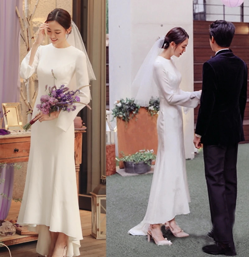 #1326 White Scoop Simple Elegant Sexy Long Sleeve Soft Satin High Low Mermaid Wedding Dress Bridal Gowns Evening Dress
#1326 White Scoop Simple Elegant Sexy Long Sleeve Soft Satin High Low Mermaid Wedding Dress Bridal Gowns Evening Dress