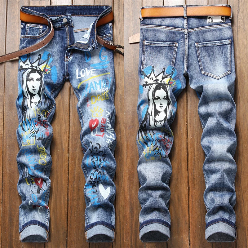 Mens colorful paint letters prints slimming blue jeans street fashion scratched denim pants Light luxury casual jeans pants.
Mens colorful paint letters prints slimming blue jeans street fashion scratched denim pants Light luxury casual jeans pants.
