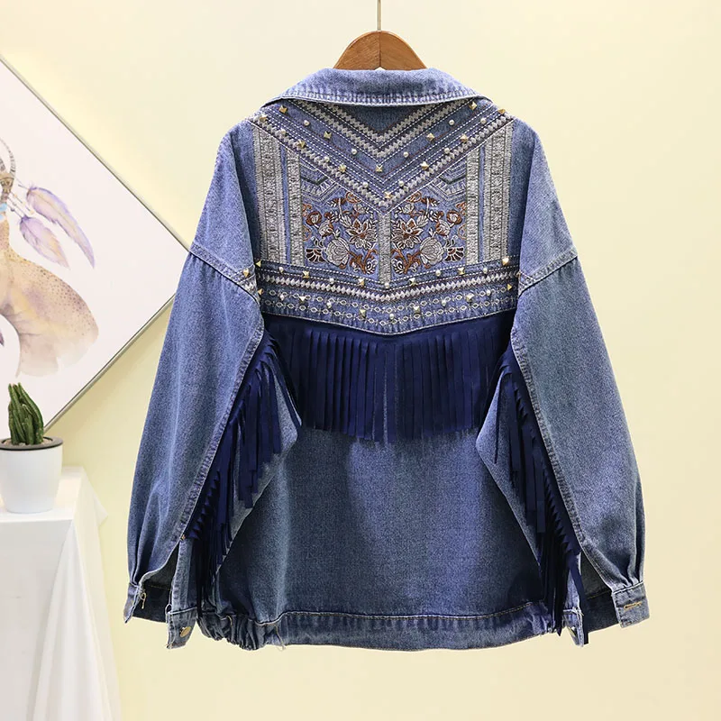 Women Denim Jacket New Spring Autumn Vintage Floral Embroidery Suede Fringe Loose Coat Long Sleeve Outerwear Female Jeans Jacket
Women Denim Jacket New Spring Autumn Vintage Floral Embroidery Suede Fringe Loose Coat Long Sleeve Outerwear Female Jeans Jacket