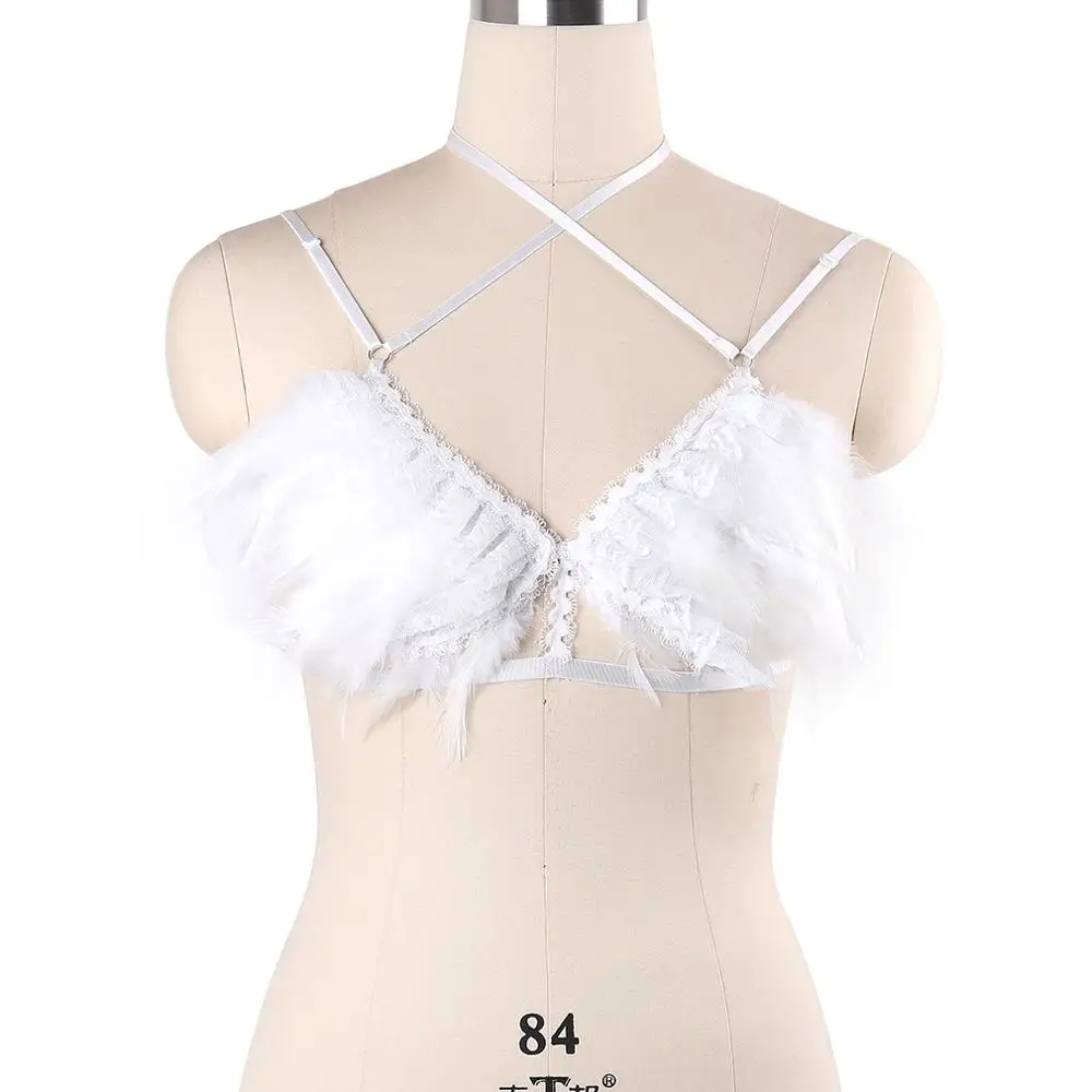 Wholesale White Lace Feather Body Harness Sexy Women Open Chest Bra Festival Wear Bondage Lingerie Punk Goth Harness Bra
Wholesale White Lace Feather Body Harness Sexy Women Open Chest Bra Festival Wear Bondage Lingerie Punk Goth Harness Bra