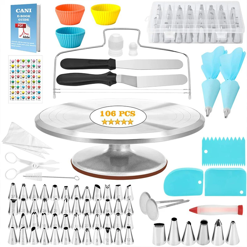 Cake Decorating Supplies Kit, Piping Bag, Aluminum Turntable, Russian Nozzle, Reusable, Cake Tools Set, 106 Pcs
Cake Decorating Supplies Kit, Piping Bag, Aluminum Turntable, Russian Nozzle, Reusable, Cake Tools Set, 106 Pcs