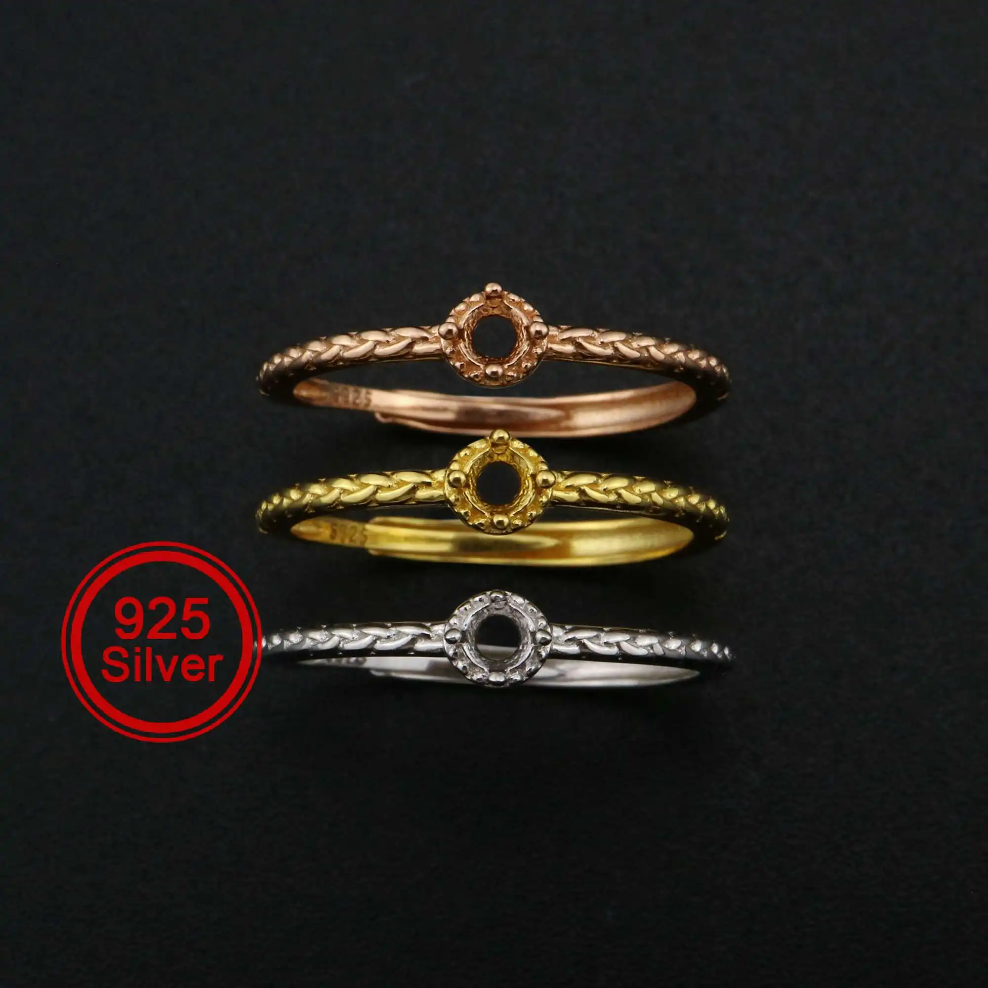 3MM Round Prong Ring Settings Twisted Band Solid 925 Sterling Silver Rose Gold Plated DIY Set Size Adjustable Ring Bezel 1210097
3MM Round Prong Ring Settings Twisted Band Solid 925 Sterling Silver Rose Gold Plated DIY Set Size Adjustable Ring Bezel 1210097