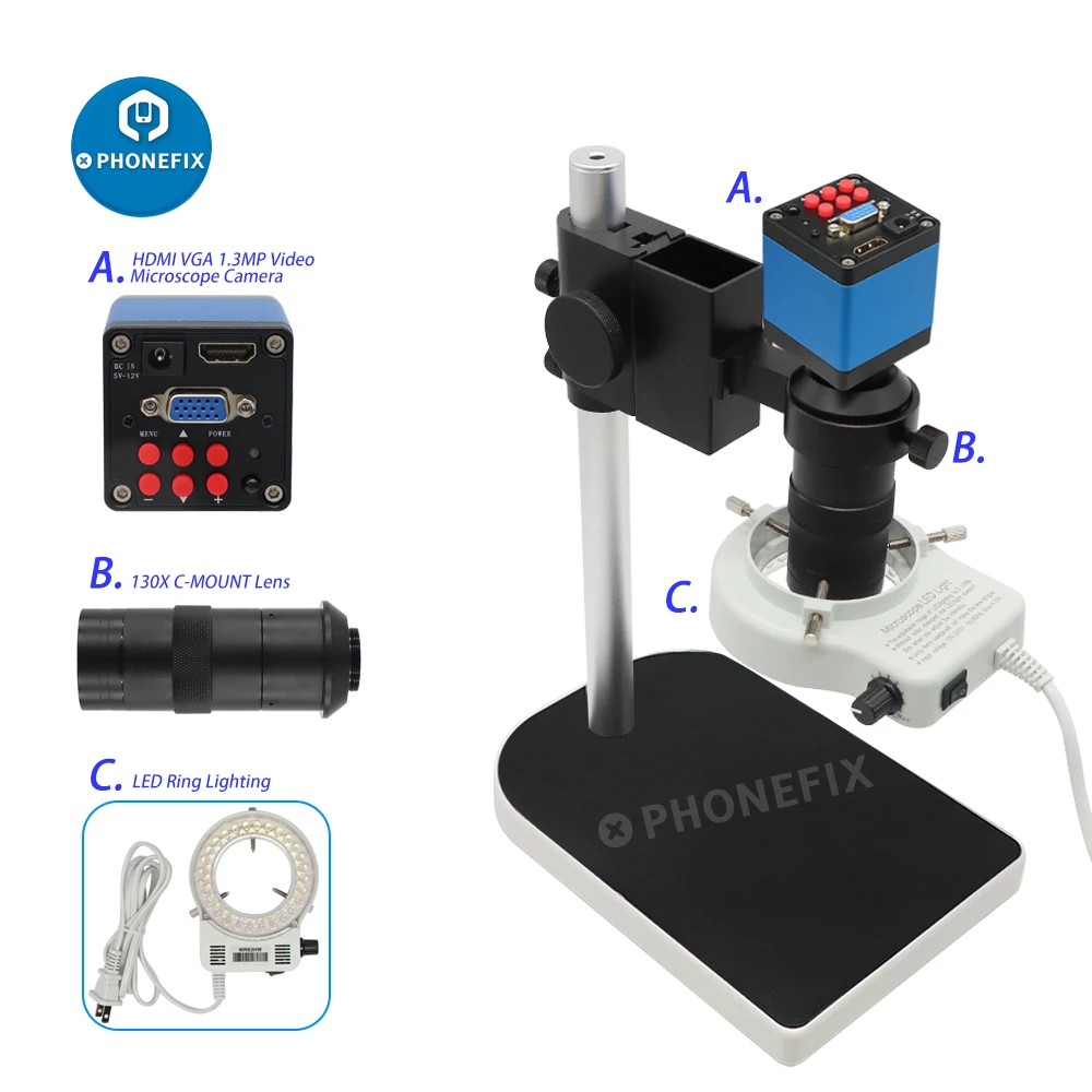 HDMI Microscope Camera Set HD 13MP 60F/S HDMI VGA Industrial Video Microscope Camera+130X C mount lens 56 LED Ring Light Lamp
HDMI Microscope Camera Set HD 13MP 60F/S HDMI VGA Industrial Video Microscope Camera+130X C mount lens 56 LED Ring Light Lamp