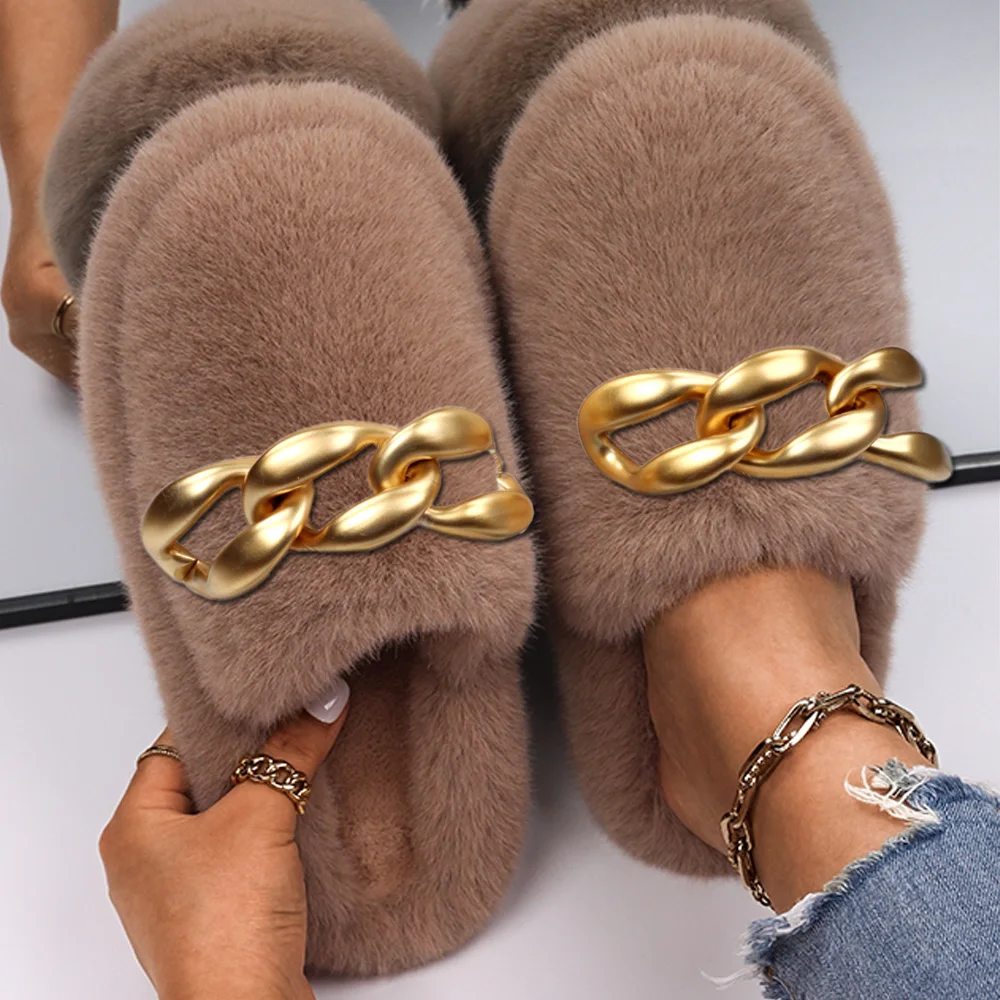 Warm Faux Fur Slippers for Women Chain Decor Floor Slides Rhinestone Fleece Flats For Couple Shoes Winter Indoor Mules Shoes
Warm Faux Fur Slippers for Women Chain Decor Floor Slides Rhinestone Fleece Flats For Couple Shoes Winter Indoor Mules Shoes